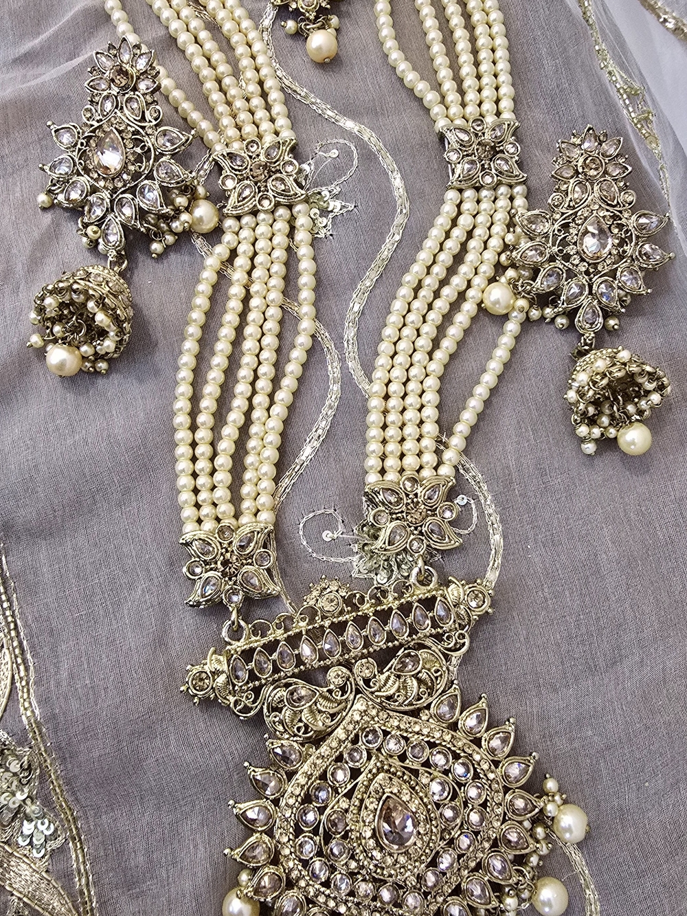 Pearl Multi-Strand Gold-Tone Statement Necklace, Earrings, Tikka Set